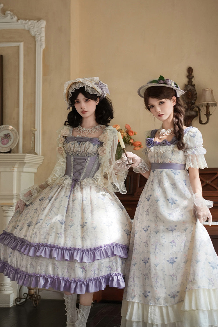 Purple/Ivory Iris Secrets Short Sleeves Double-Layered Print Ruffle Bowknot Lace-Up Sweet Lolita Dress