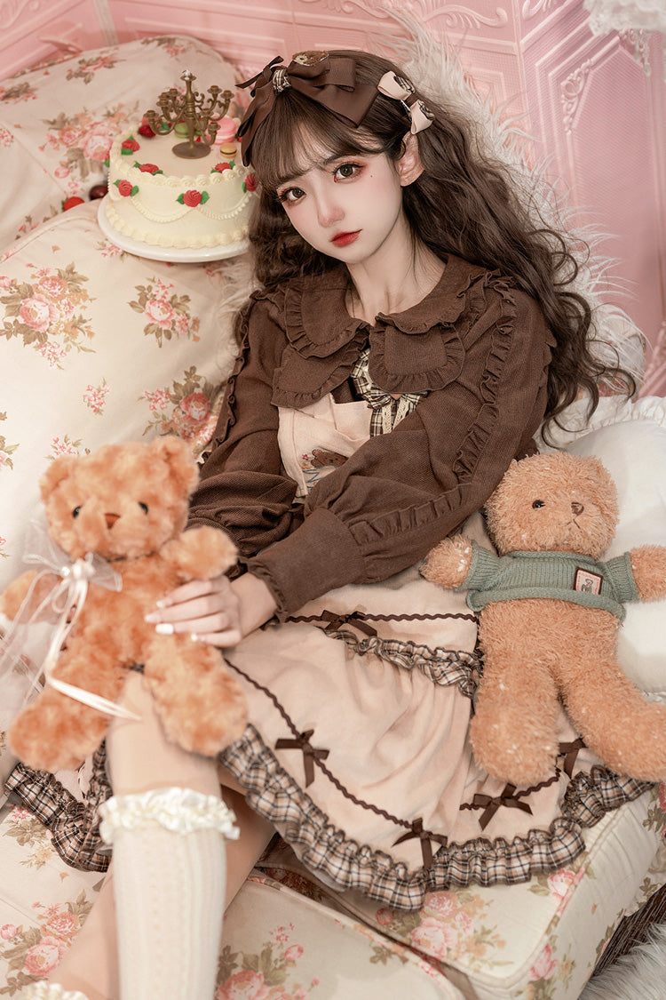 Khaki Cute Bear Embroidery Print Sleeveless Double-Layered Ruffle Bowknot Sweet Lolita Jsk Dress