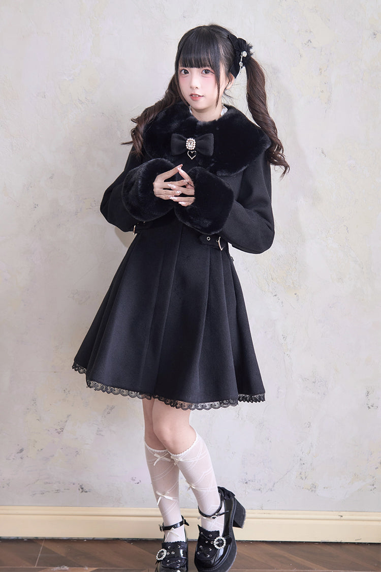 Sweet Plush Collar Waist-cinched Long Sleeves Bowknot Lace Japanese Lolita Coat 4 Colors