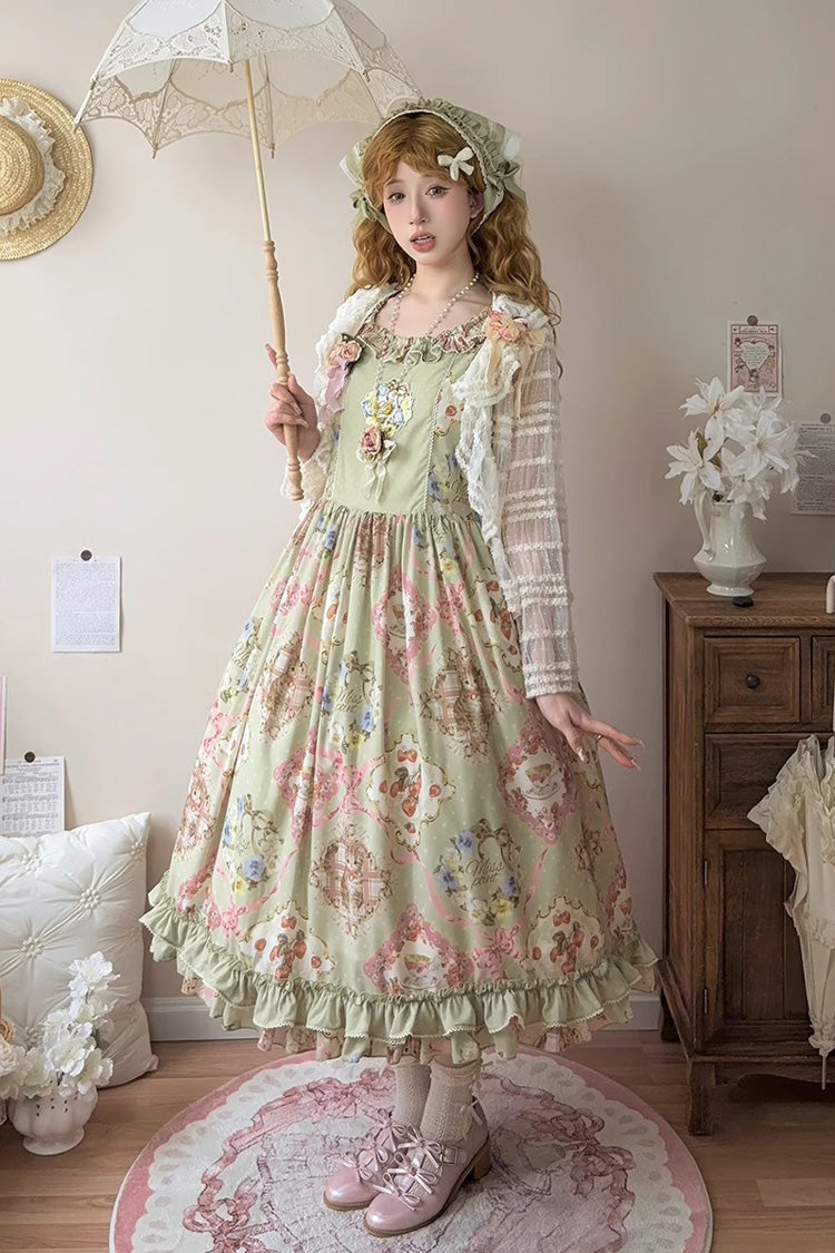 Green Cat Rose Tea Sleeveless Print Ruffle Bowknot Sweet Lolita Jsk Dress