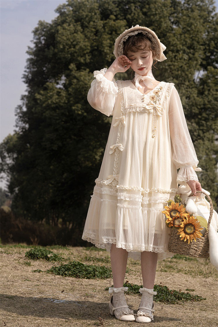 Ivory Sunflower Diary Long Sleeves Ruffle Embroidery Bowknot Lace Chiffon Sweet Princess Lolita Dress