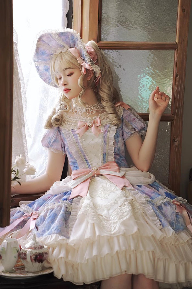 Angel Heart Sky Oil Painting Print Ruffle Cardigan Bowknot Sweet Princess Lolita Dress 3 Colors
