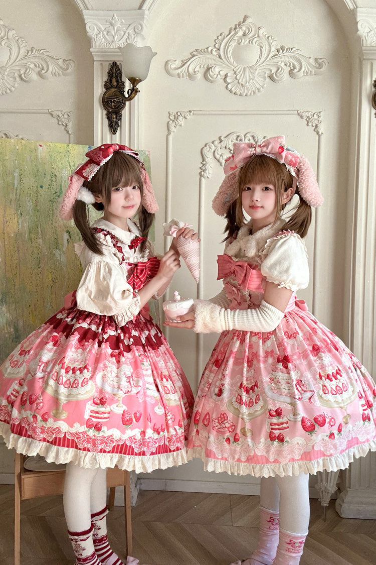 Red/Pink Strawberry Cake Printed Ruffled Bow Daily Sweet Lolita Jsk Dress