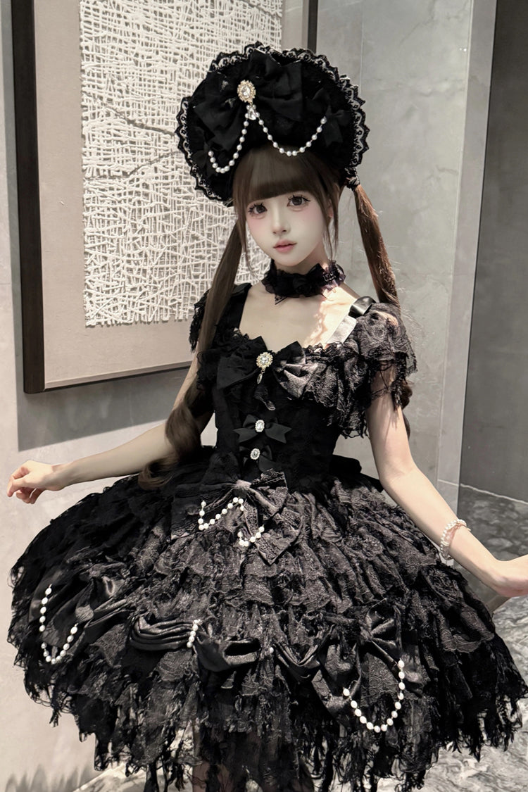 Black Cloudborne Snowfeather Sleeveless Multi-Layered Hanayome Bowknot Pearl Gothic Lolita Jsk Dress