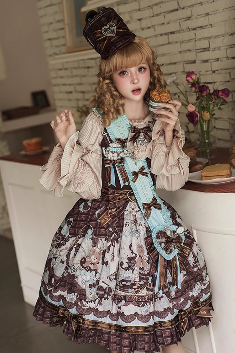 Brown Teddy Bear Chocolate Sleeveless Print Ruffle Bowknot Sweet Lolita Jsk Dress