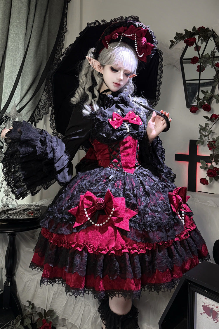 Black/Red Rose Princess Sleeveless Ruffle Bowknot Lace Lace-Up Gothic Ballet Lolita Jsk Dress