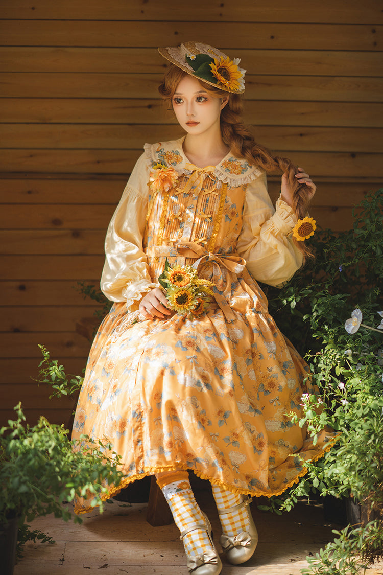 Yellow Gardening Sunflower Sleeveless Print Ruffle Bowknot Sweet Elegant Lolita Jsk Dress
