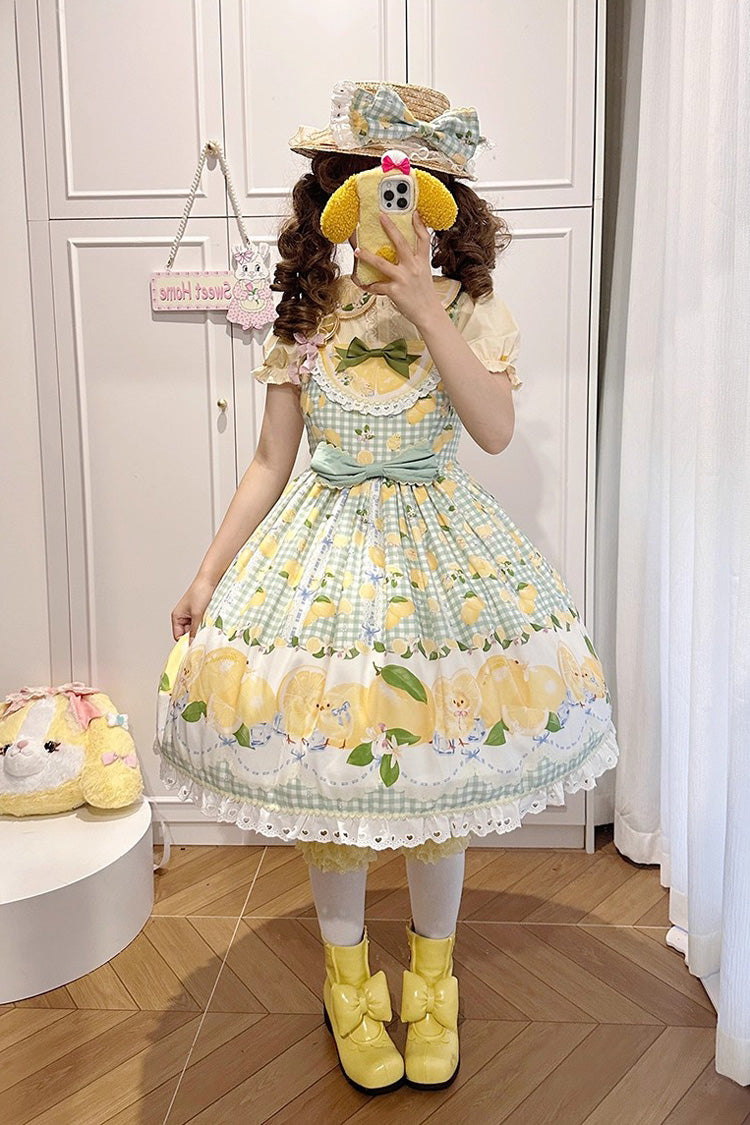 Green Lemon Chicken Print Ruffle Bowknot Lace Sweet Lolita Jsk Dress