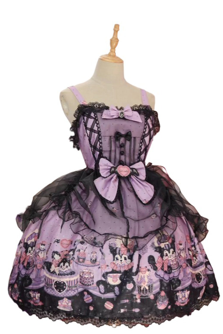 Purple Devil Cat Print Ruffle Bowknot Lace Gothic Lolita Jsk Dress (Plus Size Support)