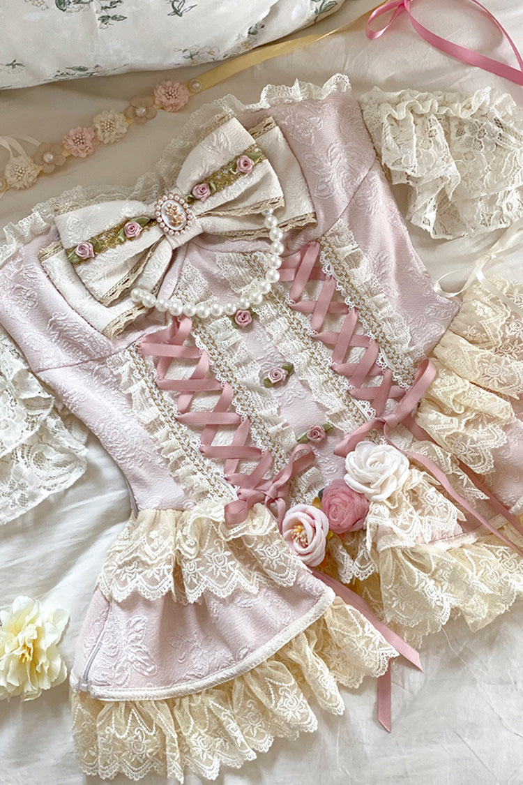 Pink Sweet Tea Rose Dew Triple-Layered Ruffle Bowknot Lace Gorgeous Sweet Lolita Skirt