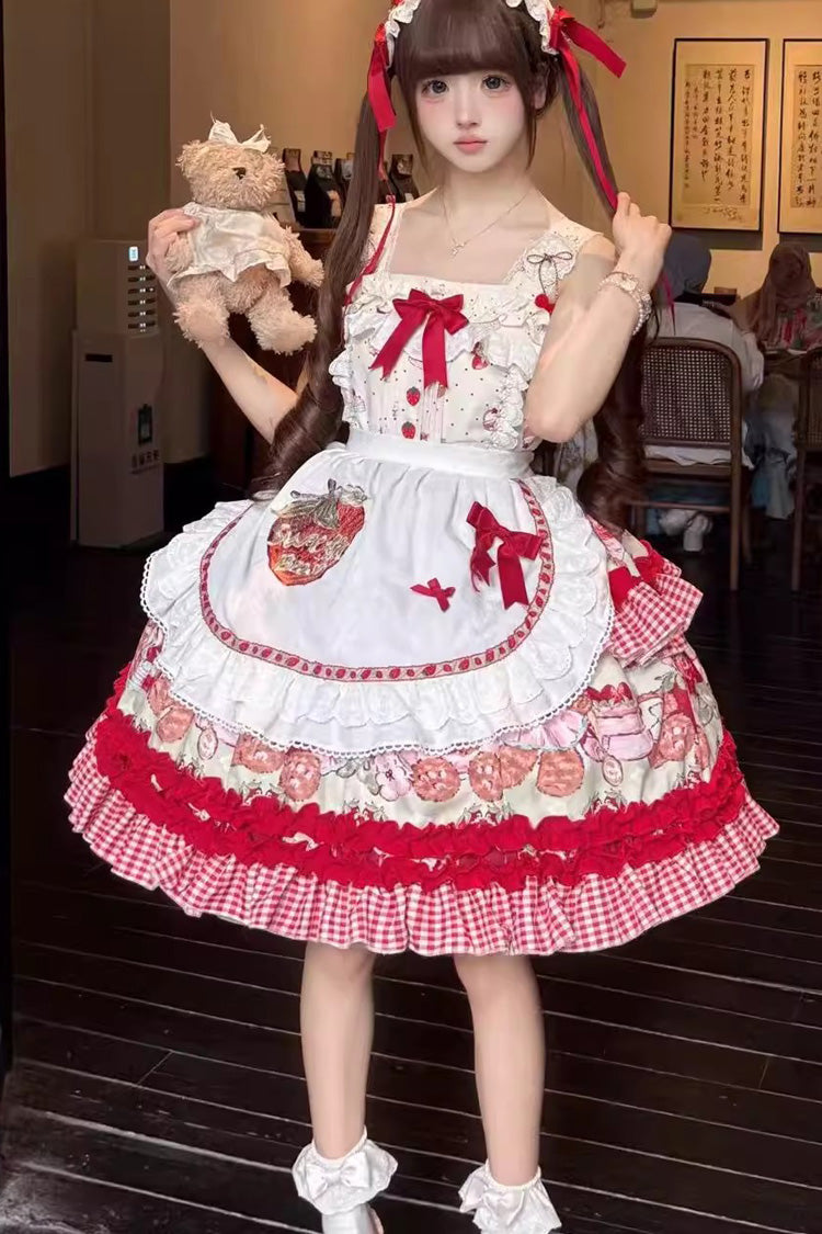 Red Strawberry Bear Sleeveless Double-Layered Print Ruffle Bowknot Sweet Princess Lolita Jsk Dress