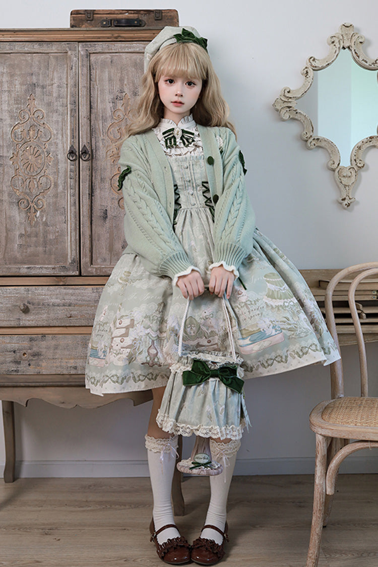 Iris Study Square Collar Print Bowknot Lace-Up Sweet Lolita Jumper Dress 2 Colors