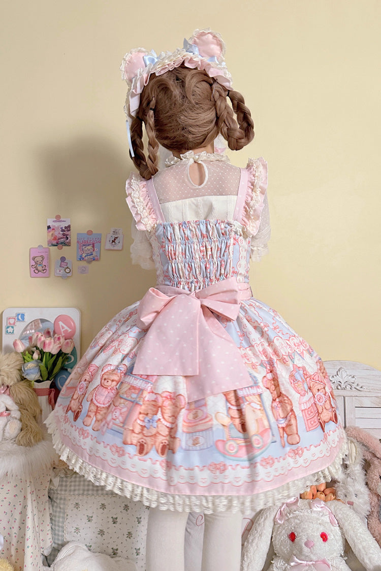 Bear Anniversary Celebration Sleeveless Printed Ruffled Bow Sweet Lolita Strap Dress 2 Colors