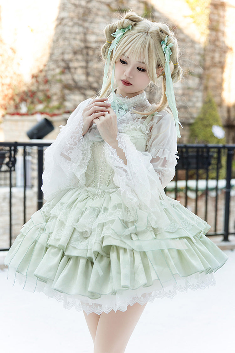 Light Green Halterneck Double-Layered Jacquard Ruffle Bowknot Lace Sweet Ballet Lolita Jsk Dress