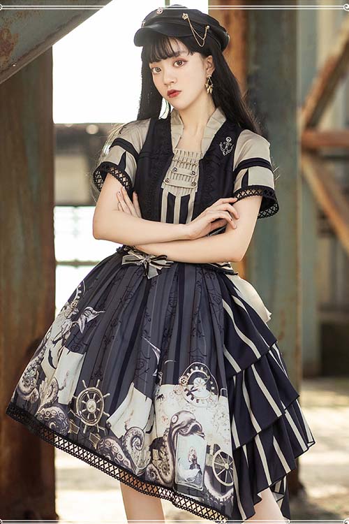Pirate Boat Series OP Retro Irregular Big Hem Punk Lolita Short Sleeve Dress