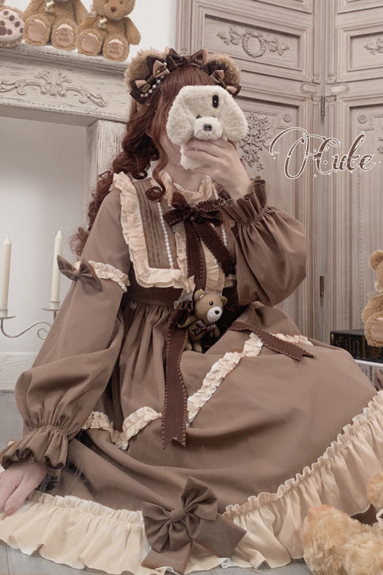 Brown Caramel Teddy Bear Round Collar Long Sleeve Stitching Bowknot Ruffled Sweet Lolita OP Dress