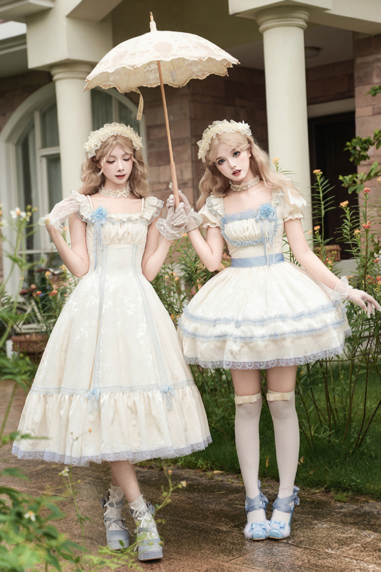 Ivory Sea Salt Iced Tea Square Collar Short Sleeves Ruffle Fishbone Sweet Lolita Short Dress