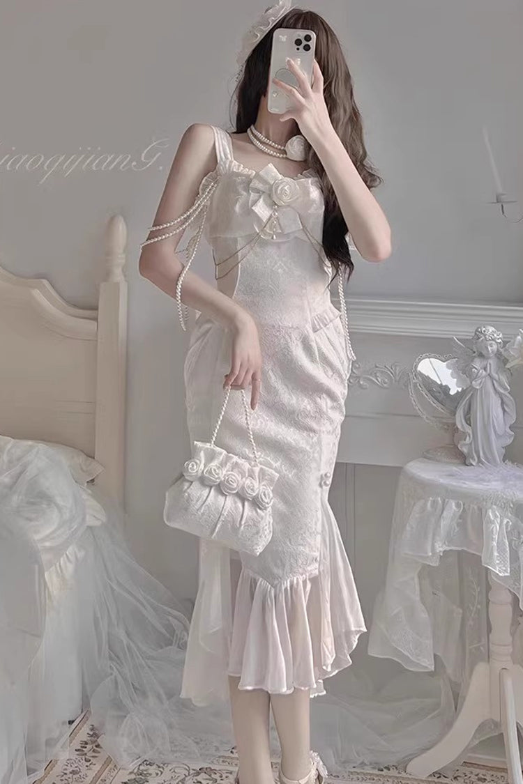 White Camellia 1.0 Sleeveless Jacquard Ruffle Lace Sweet Chinese Style Lolita Jsk Fishtail Dress