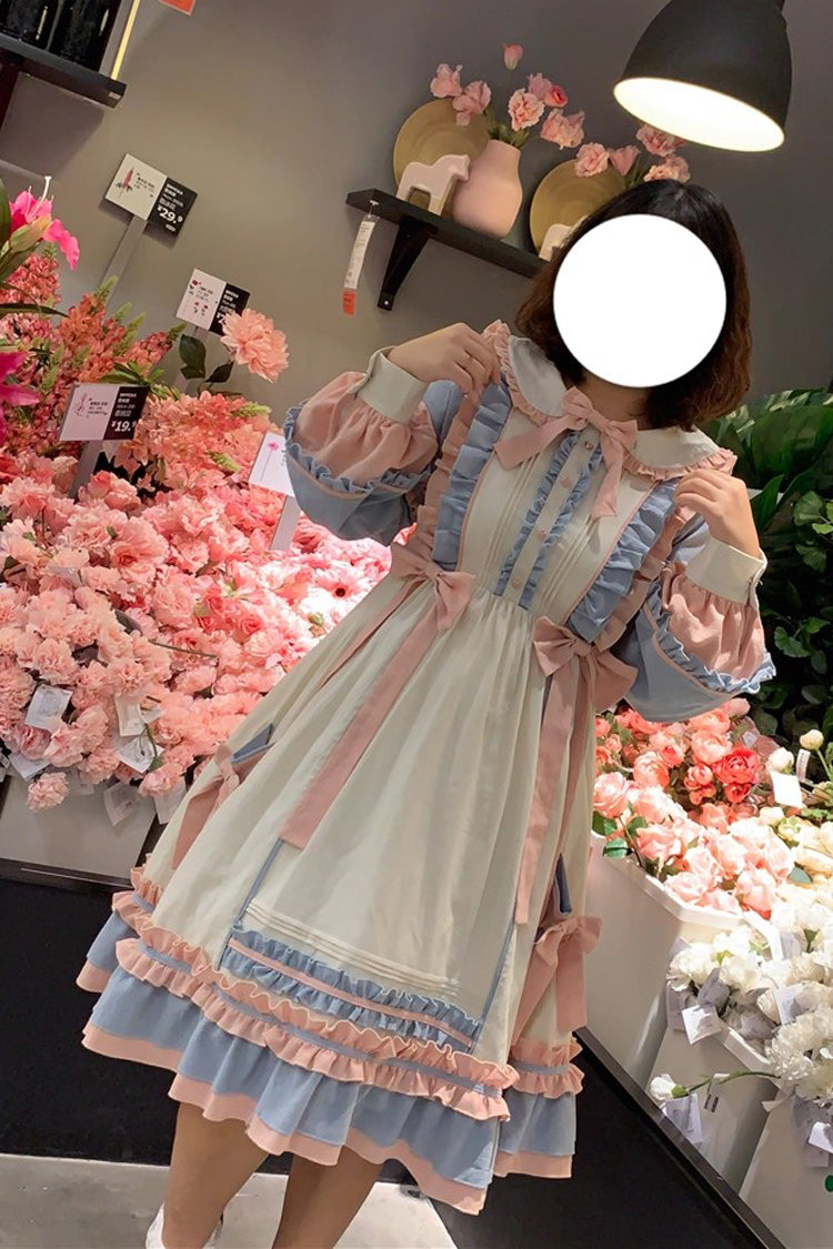 Blue/Pink Sweetheart Puff Doll Collar Long Sleeves Ruffle Bowknot Sweet Plus Size Lolita Dress