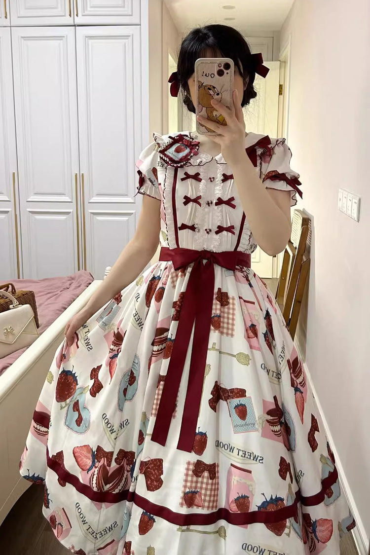 Multi-Color Strawberry Bowknot Print Short Sleeves Long Version Sweet Lolita Dress