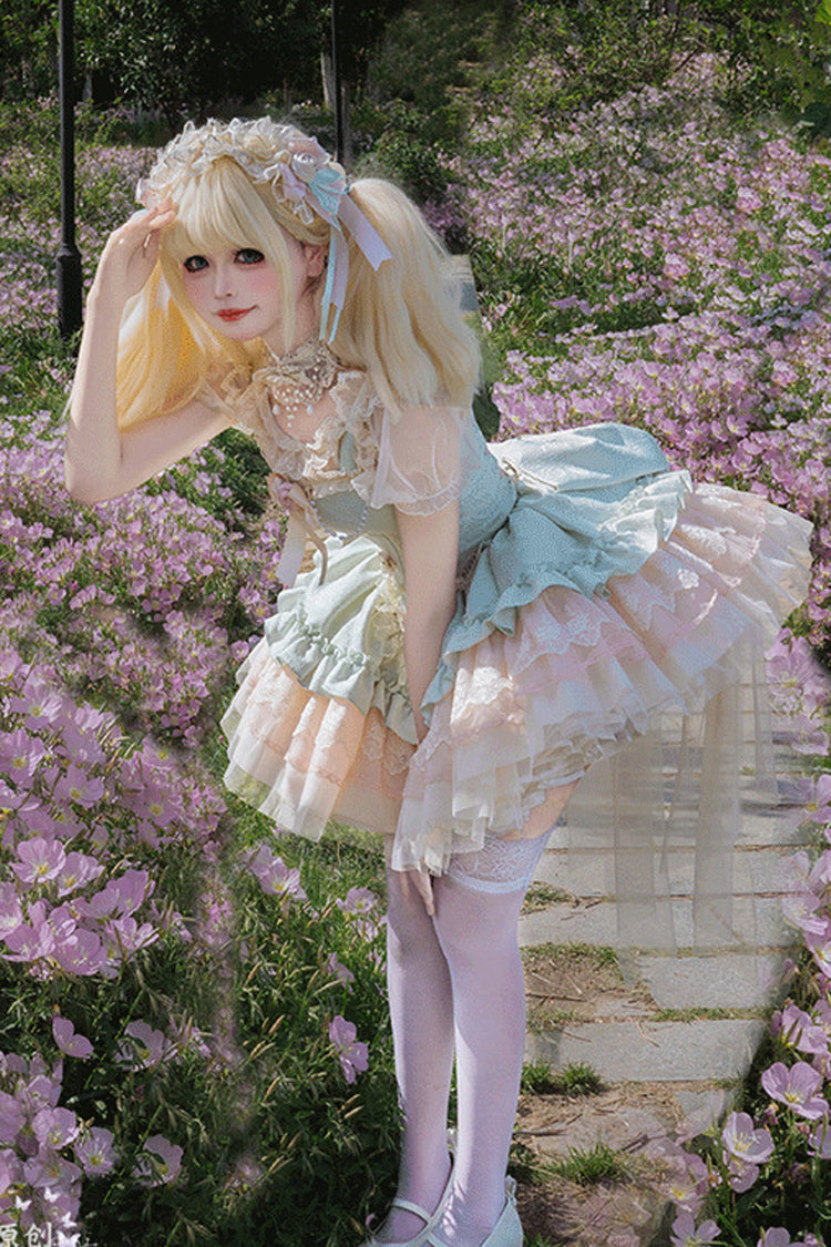 Green Sleeveless Multi-Layered Ruffle Bowknot Lace Lace-Up Sweet Princess Lolita Jsk Dress