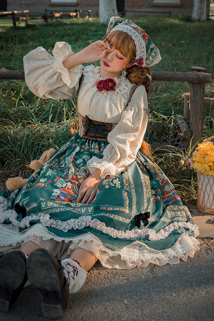 Green Ode to Plenty Berries and Birds Print Ruffle Bowknot Velvet Classic Lolita Breast Support Jsk Dress