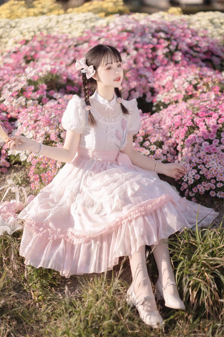 Pink Round Collar Short Sleeves Lace Ruffle Bowknot Sweet Princess Lolita Dress