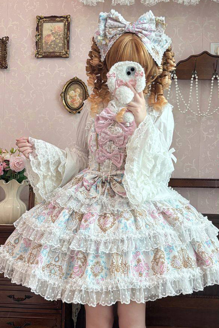Apricot Candelabrum Elegy Sleeveless Triple-Layered Flower Wall Printed Ruffled Bow Lace Sweet Lolita Jsk Dress