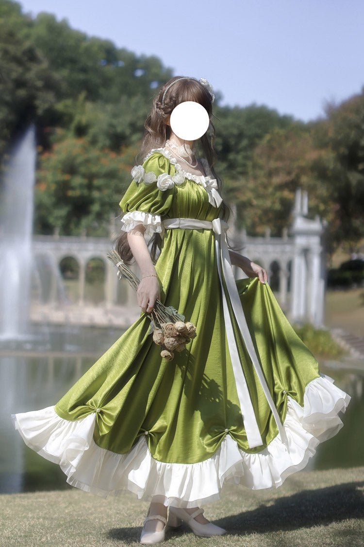 Green Square Collar Short Sleeves Ruffle Bowknot Sweet Regency-Style Vintage Lolita Dress