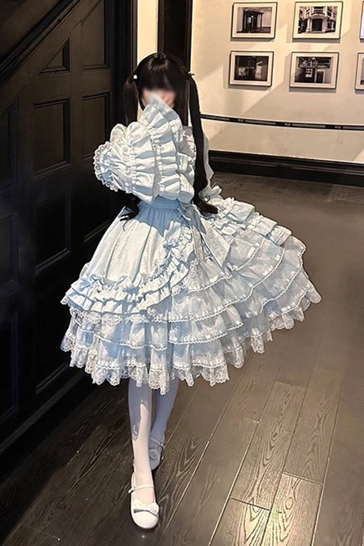 Blue The Soloist Doll Long Hime Sleeves Multi-Layered Print Ruffle Bowknot Asymmetric Sweet Lolita Dress