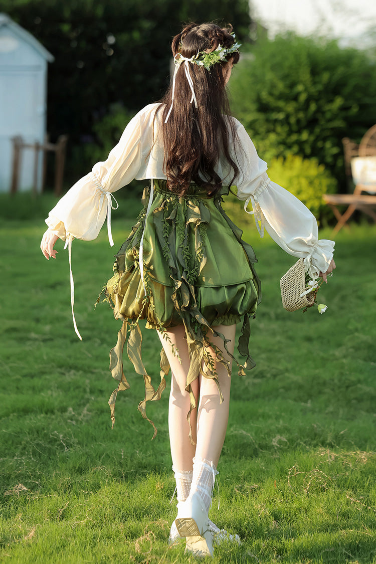 Green Children of the Forest Leaf Decoration Ruffle Irregular Sweet Lolita Jsk Dress Set