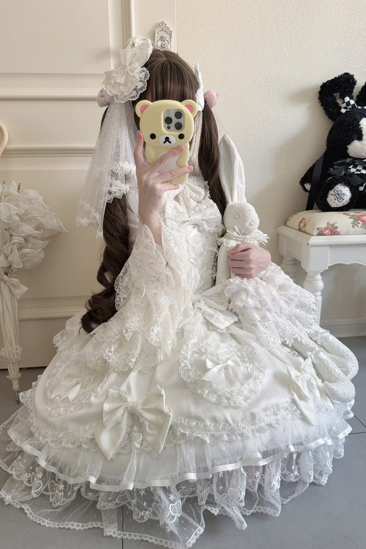 White Sweetheart Sleeveless Multi-Layered Embroidered Bow Lace Lace-Up Sweet Lolita Jsk Dress