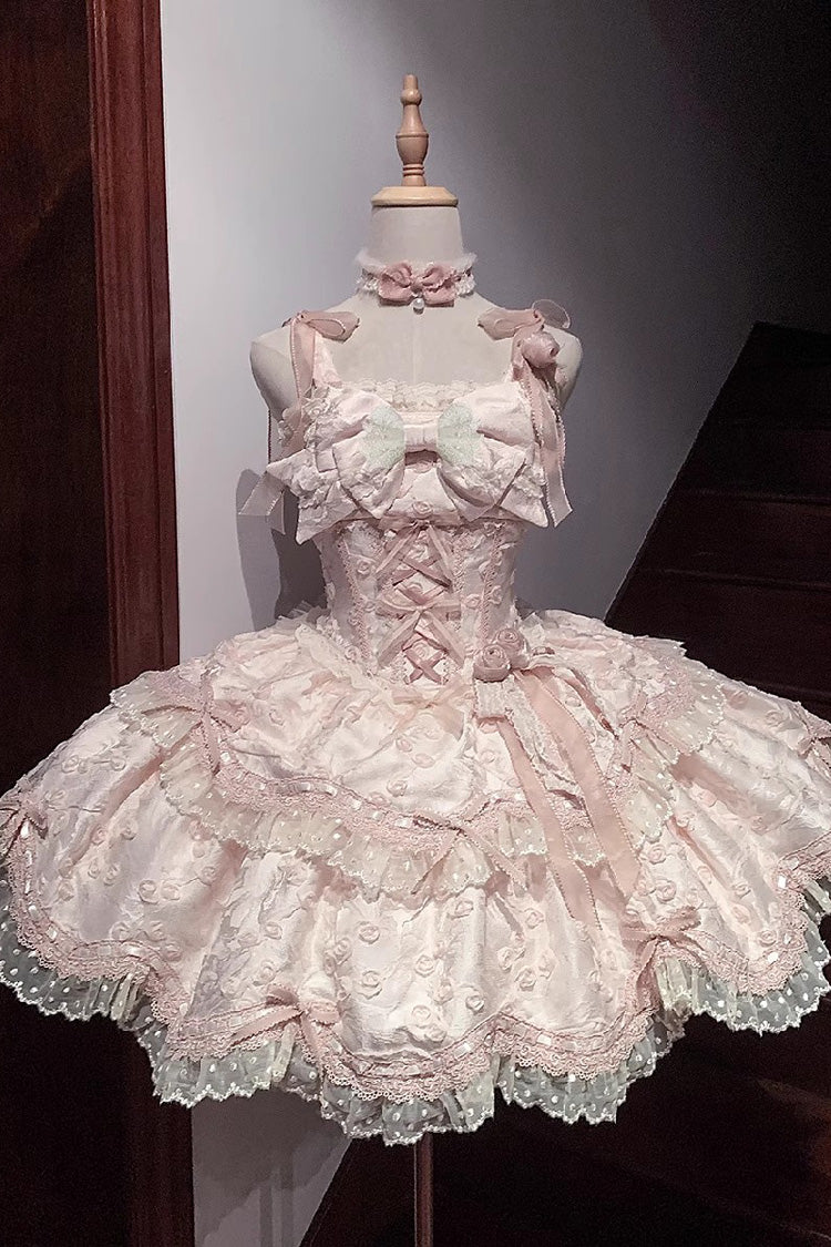 Pink Floral Overture Double-Layered Ruffle Embroidery Bowknot Lace Sweet Lolita Jsk Dress