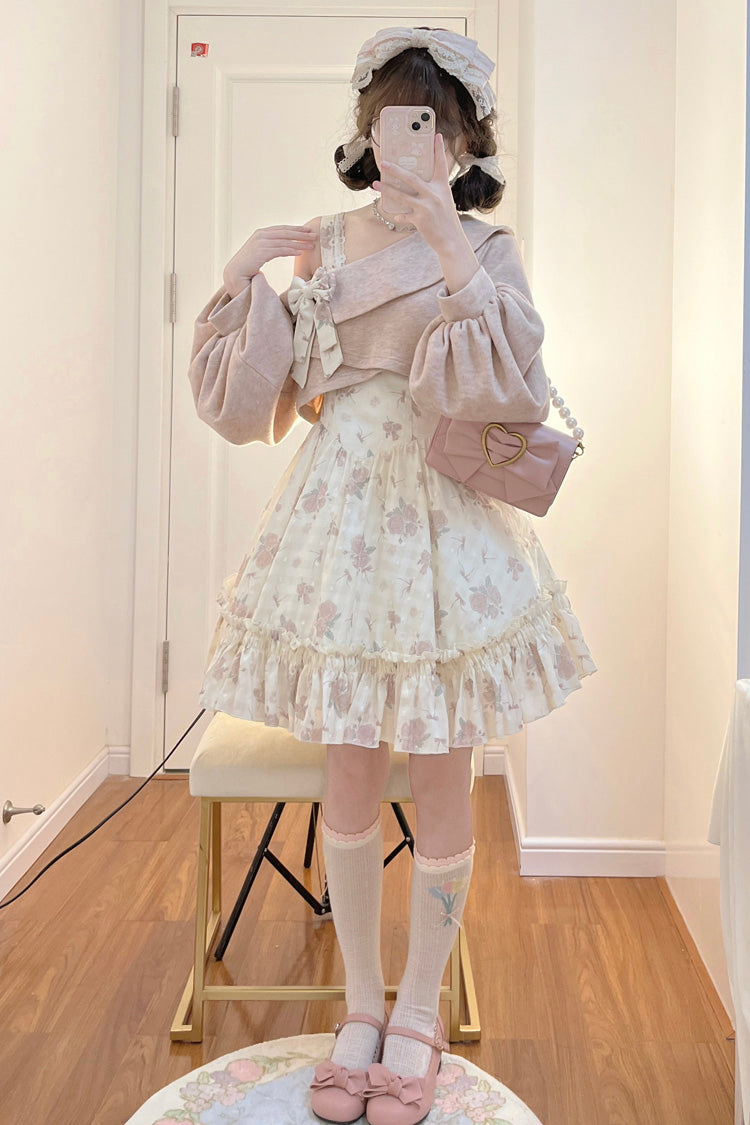 Pink Oblique Shoulder Print Ruffle Bowknot Lace Sweet Lolita Jsk Dress Set