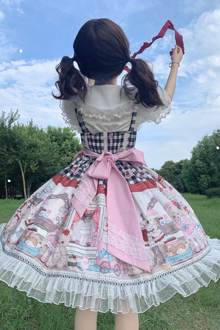 Black/Pink Plush Bear and Doll Print Ruffle Bowknot Lace Sweet Lolita Jsk Dress