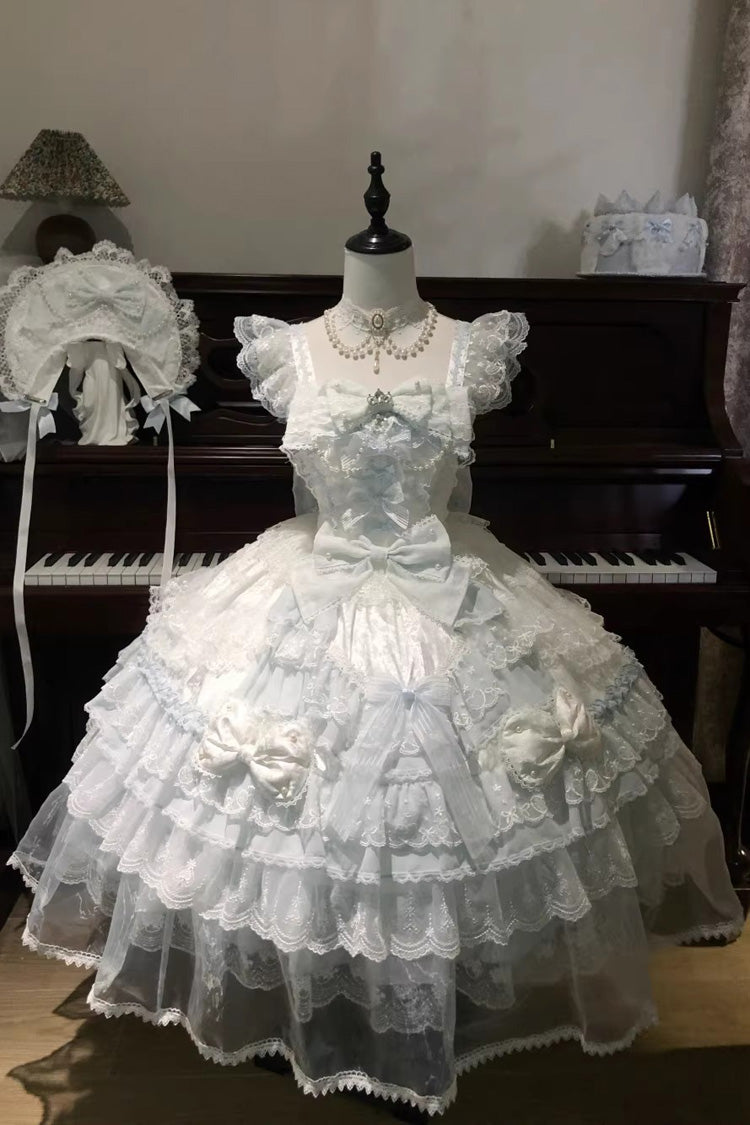 Blue Prelude of Spring Sleeveless Multi-Layered Ruffled Bow Lace Sweet Princess Lolita Jsk Dress