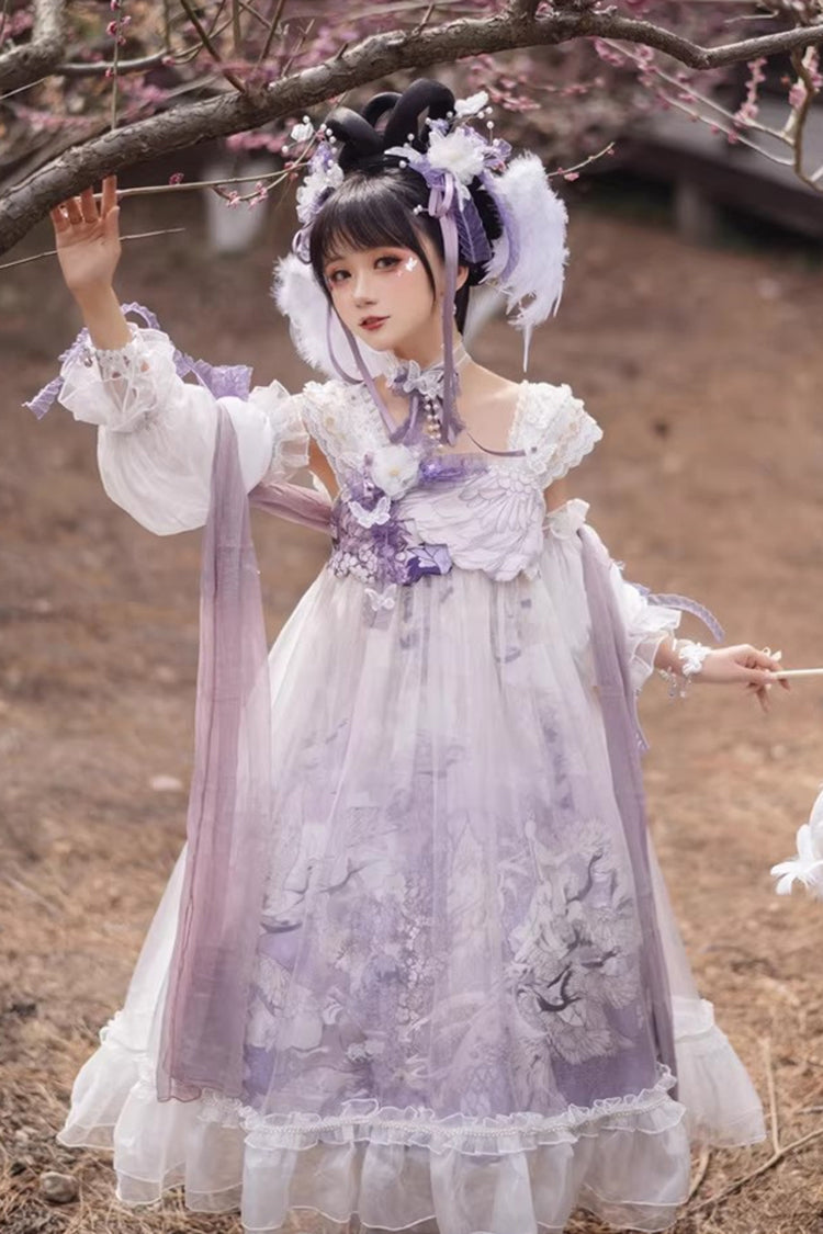 White/Purple Square Collar High Waisted Printed Ruffled Lace Pearl-Decorated Sweet Chinese Style Lolita Jsk Dress