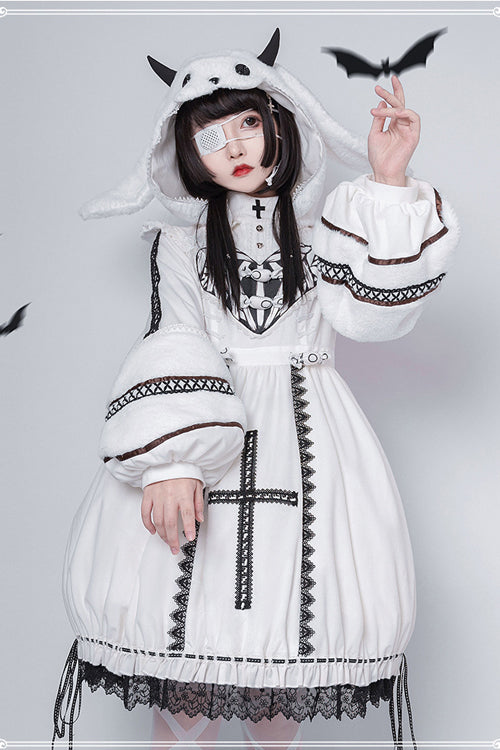 Beige Detachable High Neck Woolen Cuffs Demon Rabbit Gothic Lolita OP Dress