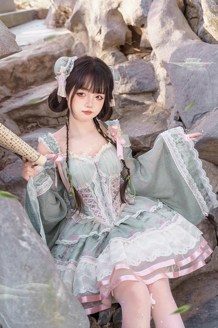 Green Waltz Multi-layer Print Ruffle Bowknot Sweet Chinese Style Elegant Lolita Jsk Dress