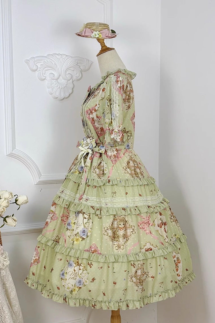 Green Cat Rose Tea Short Sleeves Print Ruffle Cardigan Bowknot Daily Sweet Lolita Dress