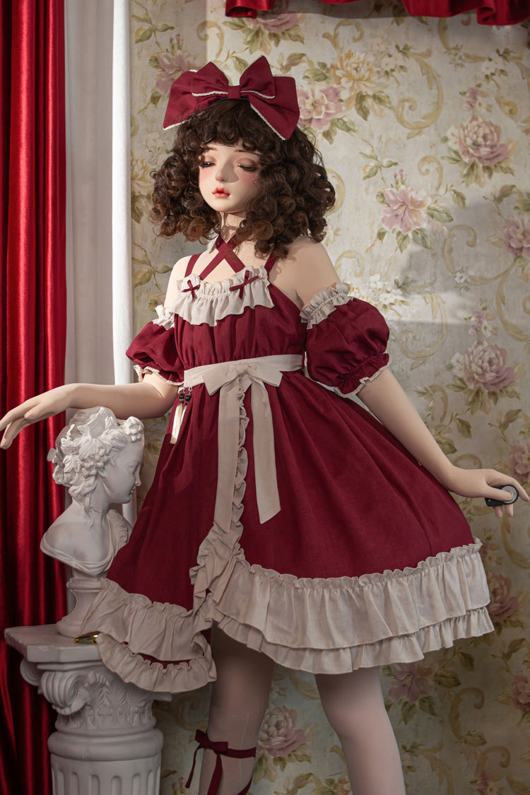 Red Monet Estate Sleeveless High Waisted Ruffle Bowknot Asymmetric Gothic Lolita Jsk Dress