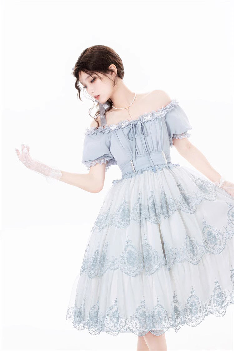 Light Blue Flower Promise Short Sleeves Multi-layer Print Sweet Elegant Princess Lolita Dress