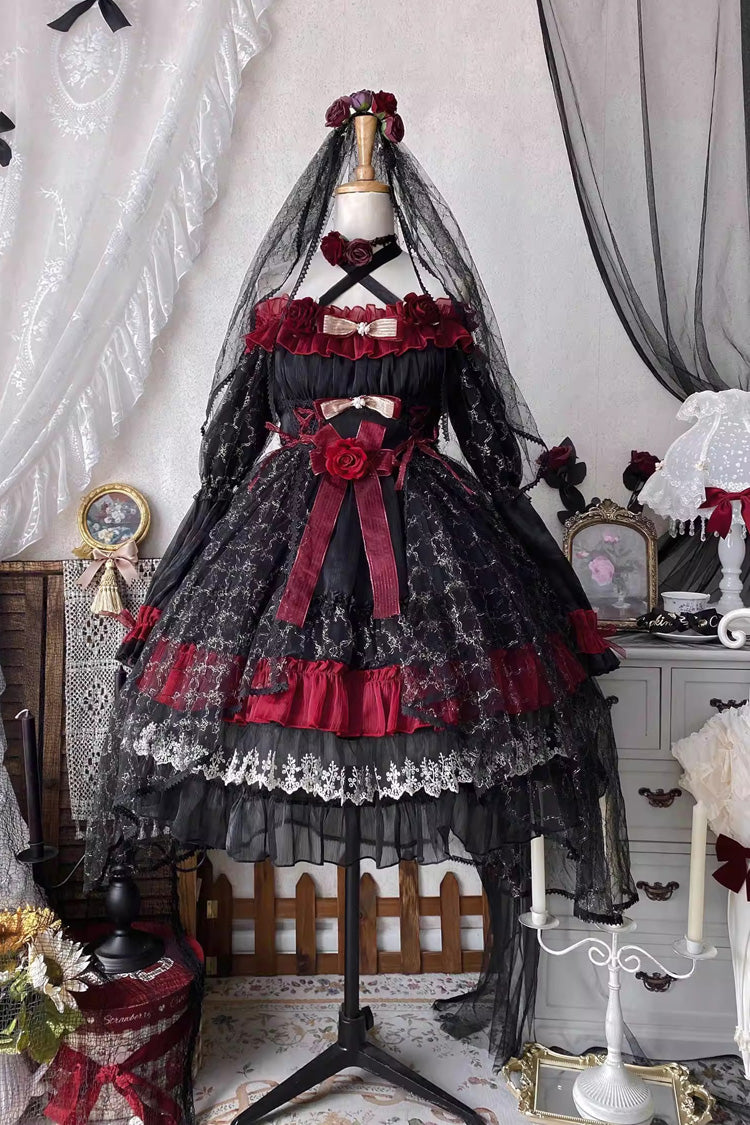 Black/Red Perlia's Night Long Puff Sleeves Ruffled Open-Front Bow Lace Gothic Lolita Dress
