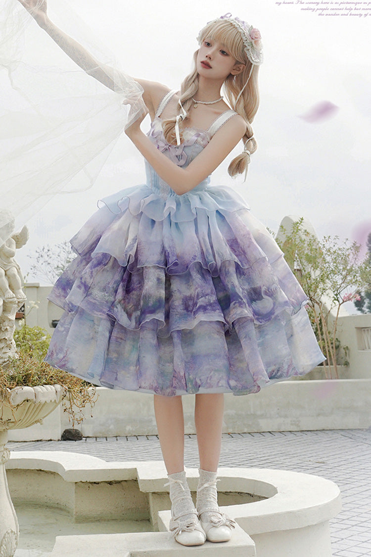 Multi-Color Three-layer Swan Lake Print Oil Painting Ruffle Bowknot Sweet Lolita Jsk Dress