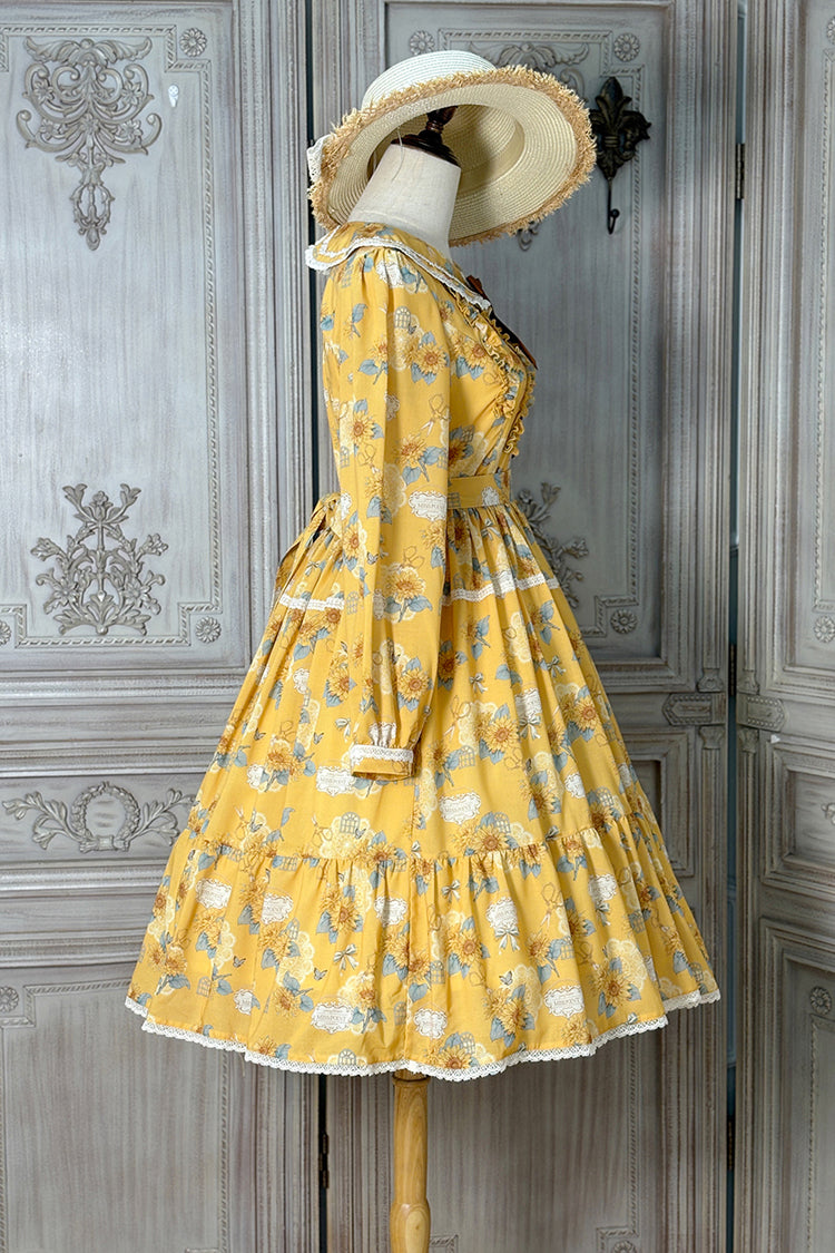 Yellow Gardening Sunflower Long Sleeves Print Ruffle Bowknot Sweet Elegant Lolita Dress