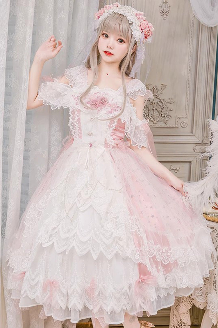 Pink Glazed Phantom Off Shoulder Ruffle Hanayome Bowknot Lace Sweet Elegant Lolita Dress