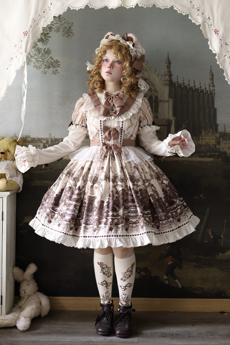 Brown Teddy Bear Party Round Collar Short Sleeves Printed Ruffled Bow Daily Sweet Lolita Dress