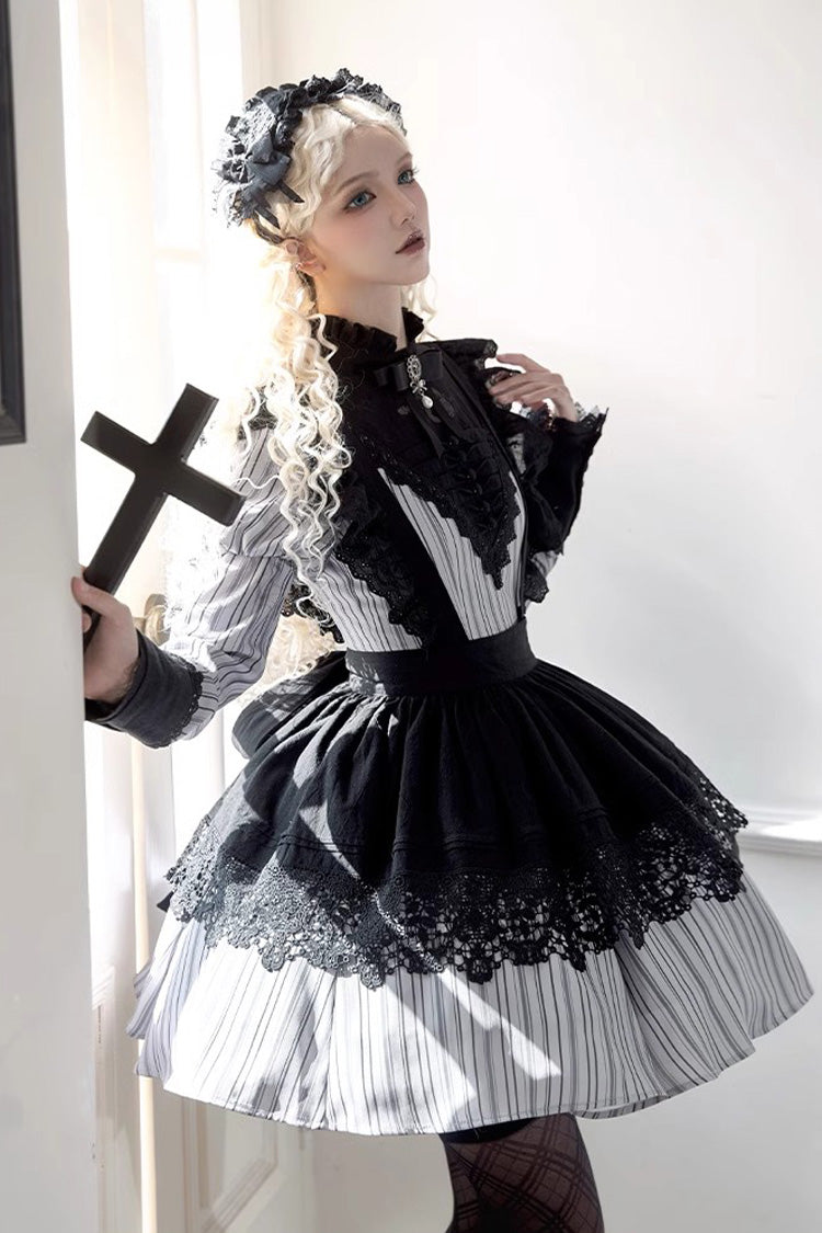Light Grey Nocturne Vertical Stripes Print Ruffle Bowknot Lace Gothic Lolita Dress 2 Versions