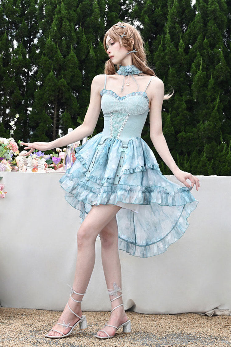 Blue Mirrorless Dream Double-Layered Tie-dyed Print Ruffle Bowknot Lace Train Sweet Lolita Jsk Dress