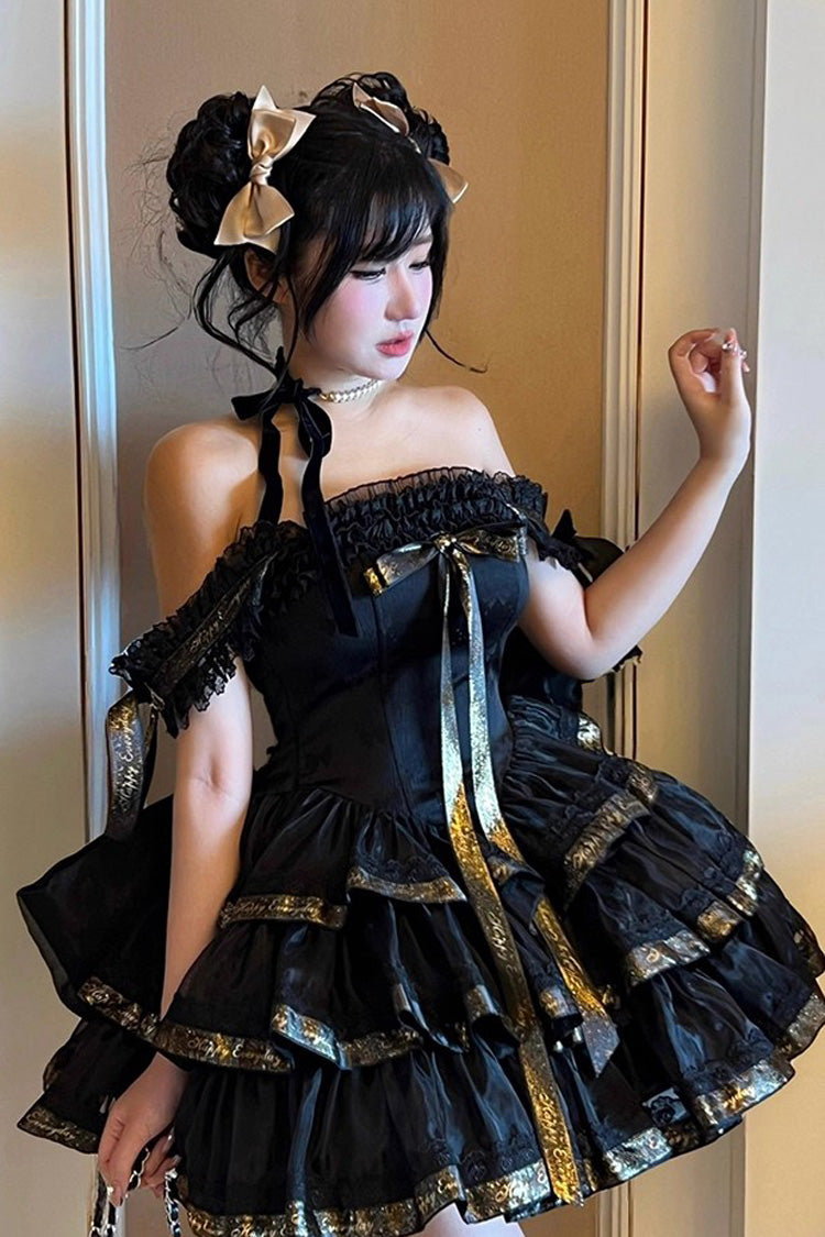Black Princess Ribbon Off Shoulder Triple-Layered Ruffle Bowknot Sweet Lolita Dress